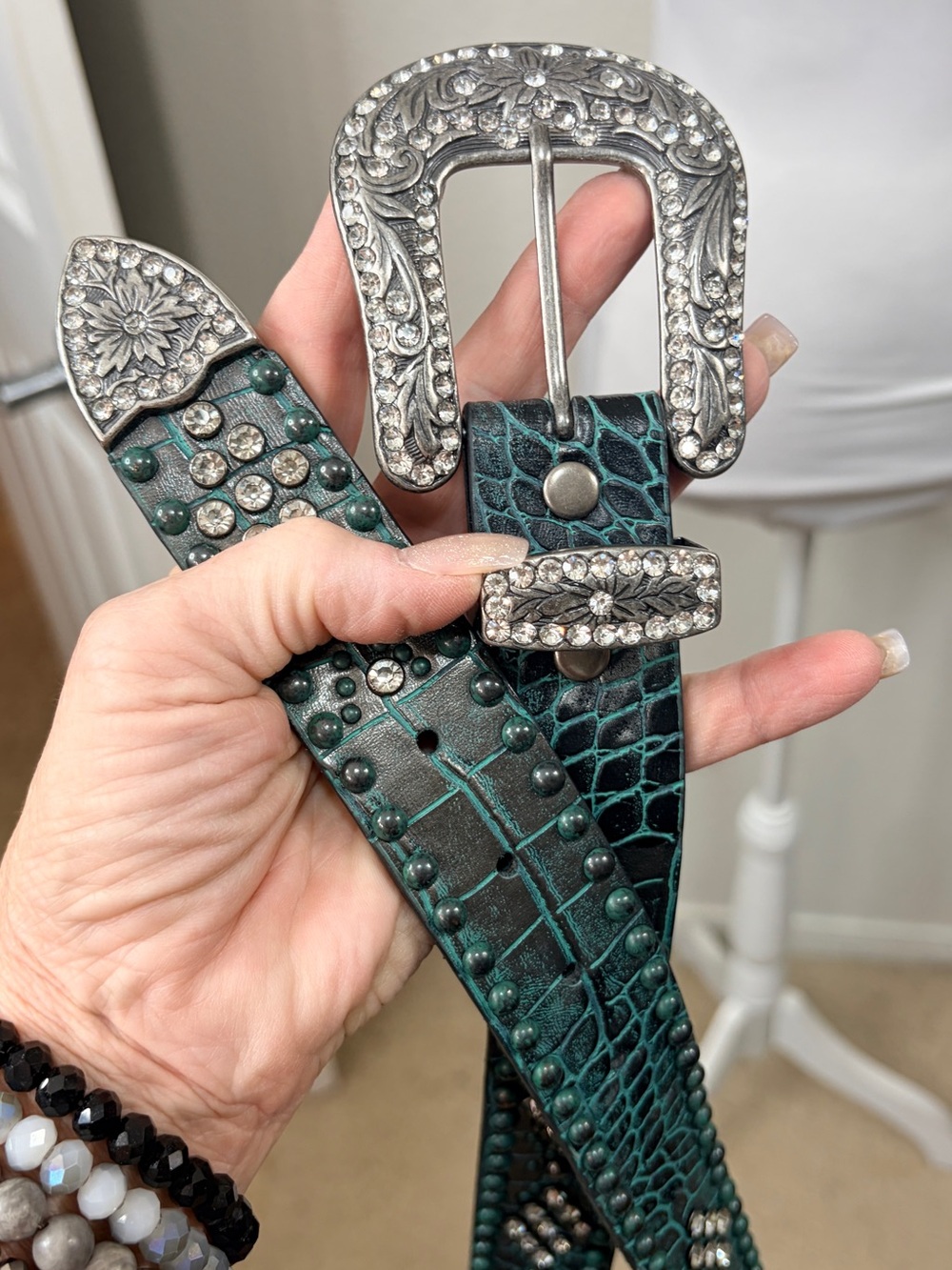 Teal Leather Croc-Embossed Rhinestone Western Belt M / L EUC - Picture 5 of 8